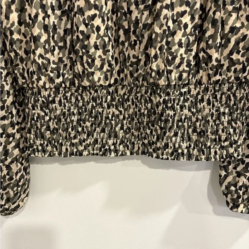 White House Black Market Black Olive Green and Cream Smocked Blouse